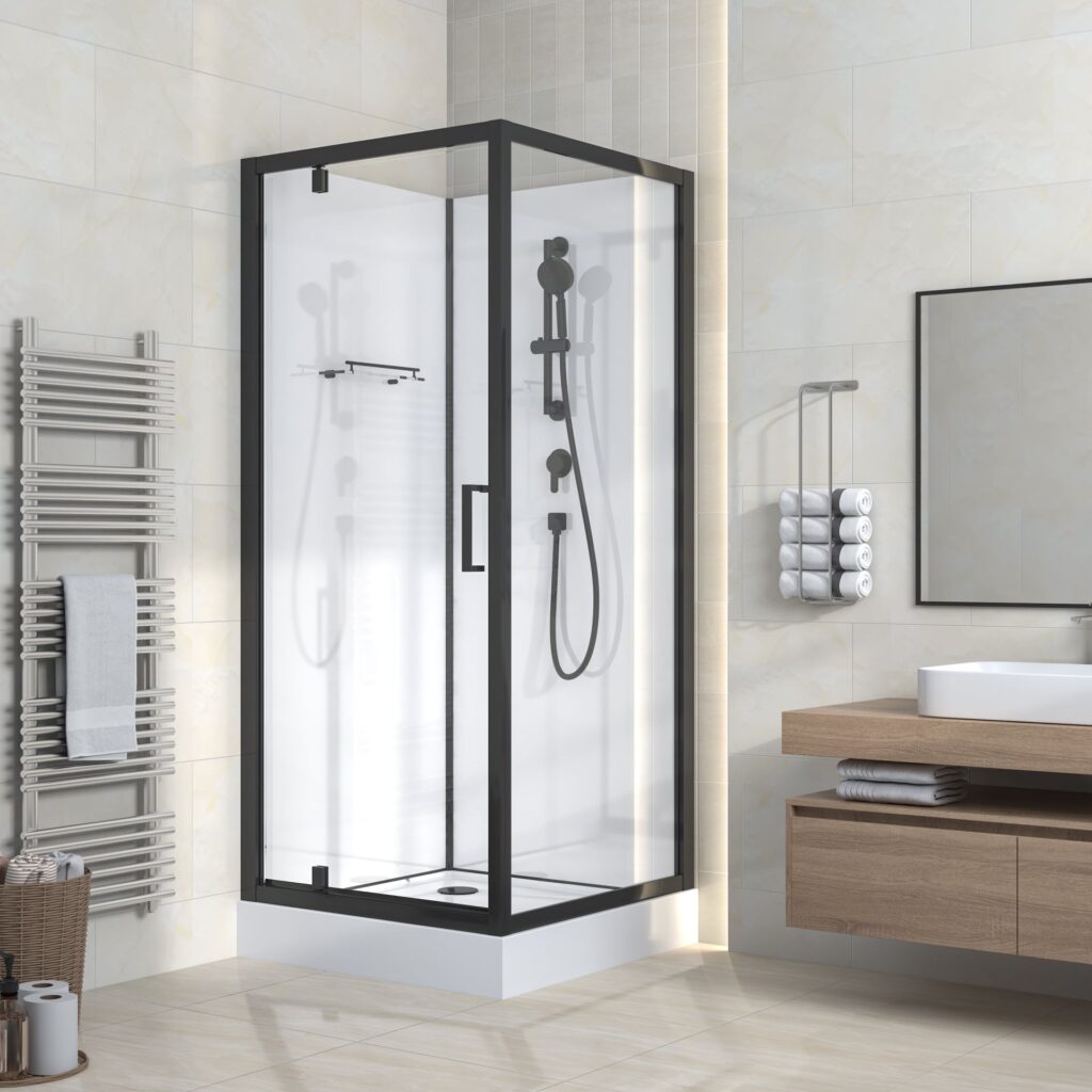 Cabine de douche porte pivotante + paroi latérale Aloni – 80 × 215 cm – Noir mat, verre transparent