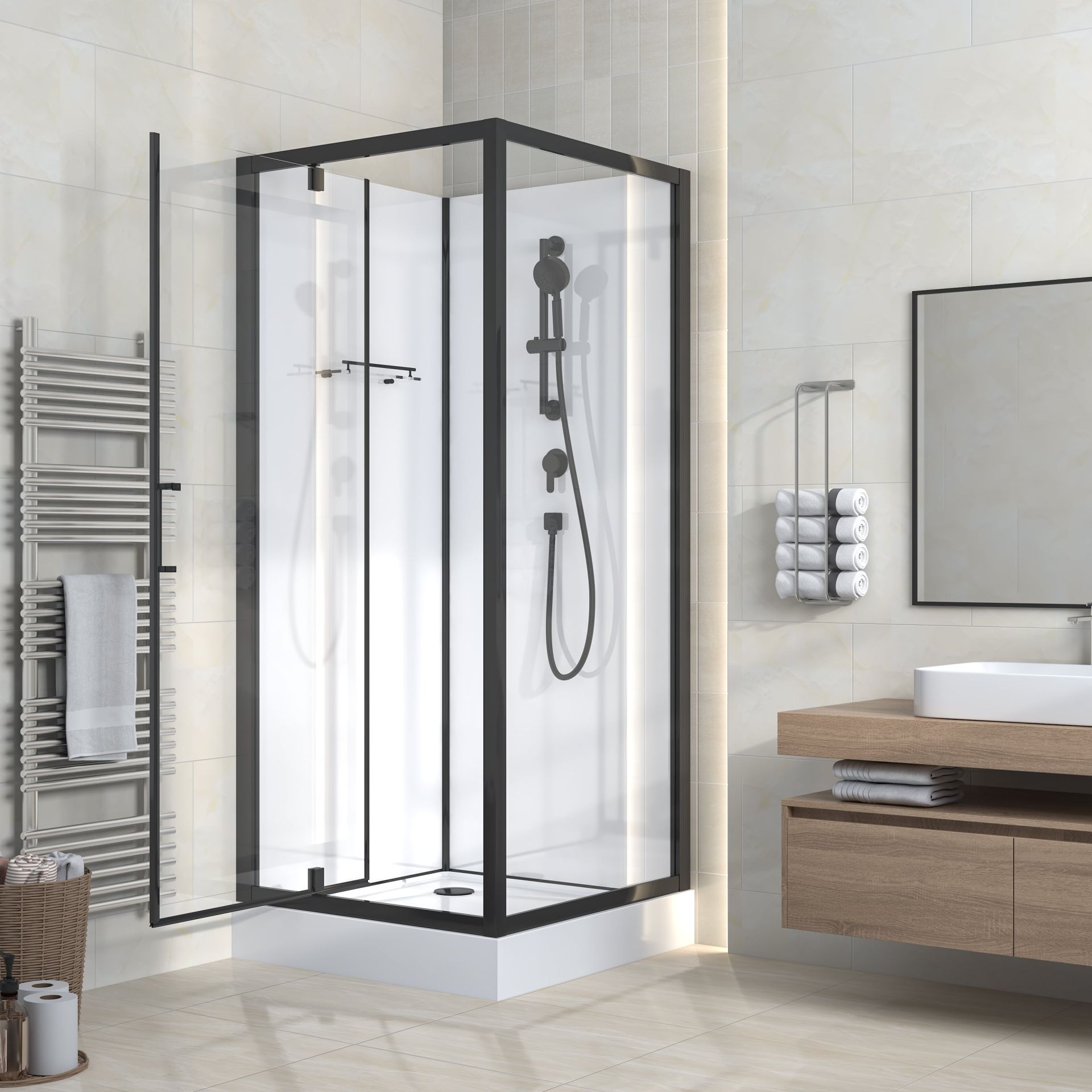 Cabine de douche complète Rimo porte pivotante – 90 × 90 cm – Noir mat, verre transparent