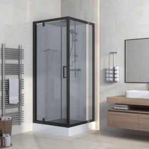Cabine de douche porte pivotante + paroi latérale Aloni – 90 × 225 cm – Noir mat, verre fumé