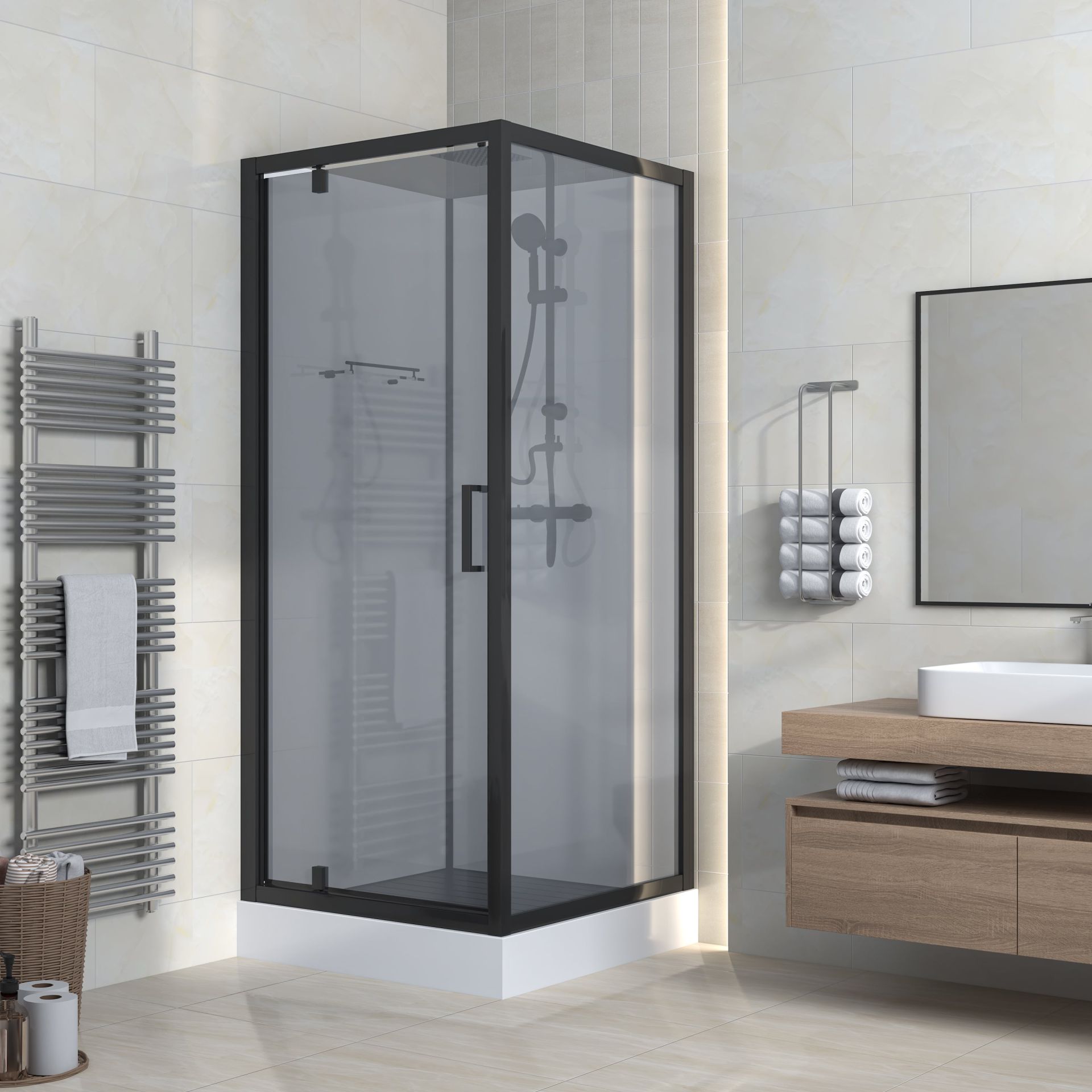Cabine de douche porte pivotante + paroi latérale Aloni – 90 × 225 cm – Noir mat, verre fumé