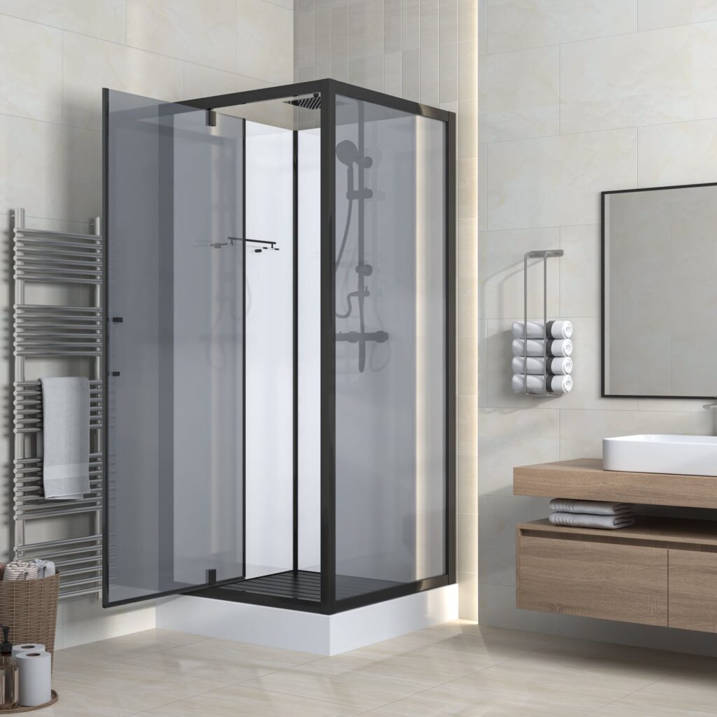 Cabine de douche porte pivotante + paroi latérale Aloni – 90 × 225 cm – Noir mat, verre fumé