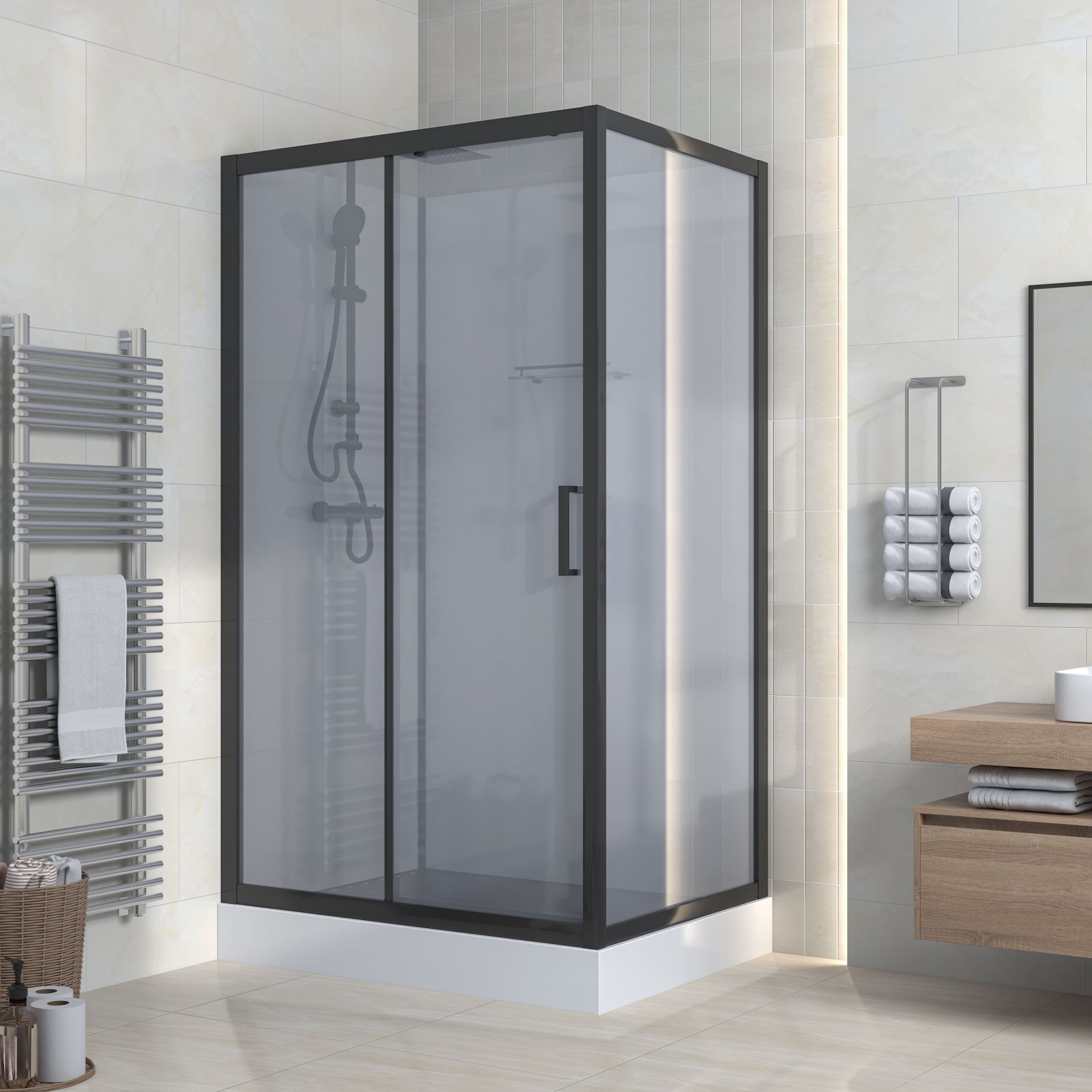 Cabine de douche complète Marani porte coulissante – 110 × 80 cm – Noir mat, verre fumé