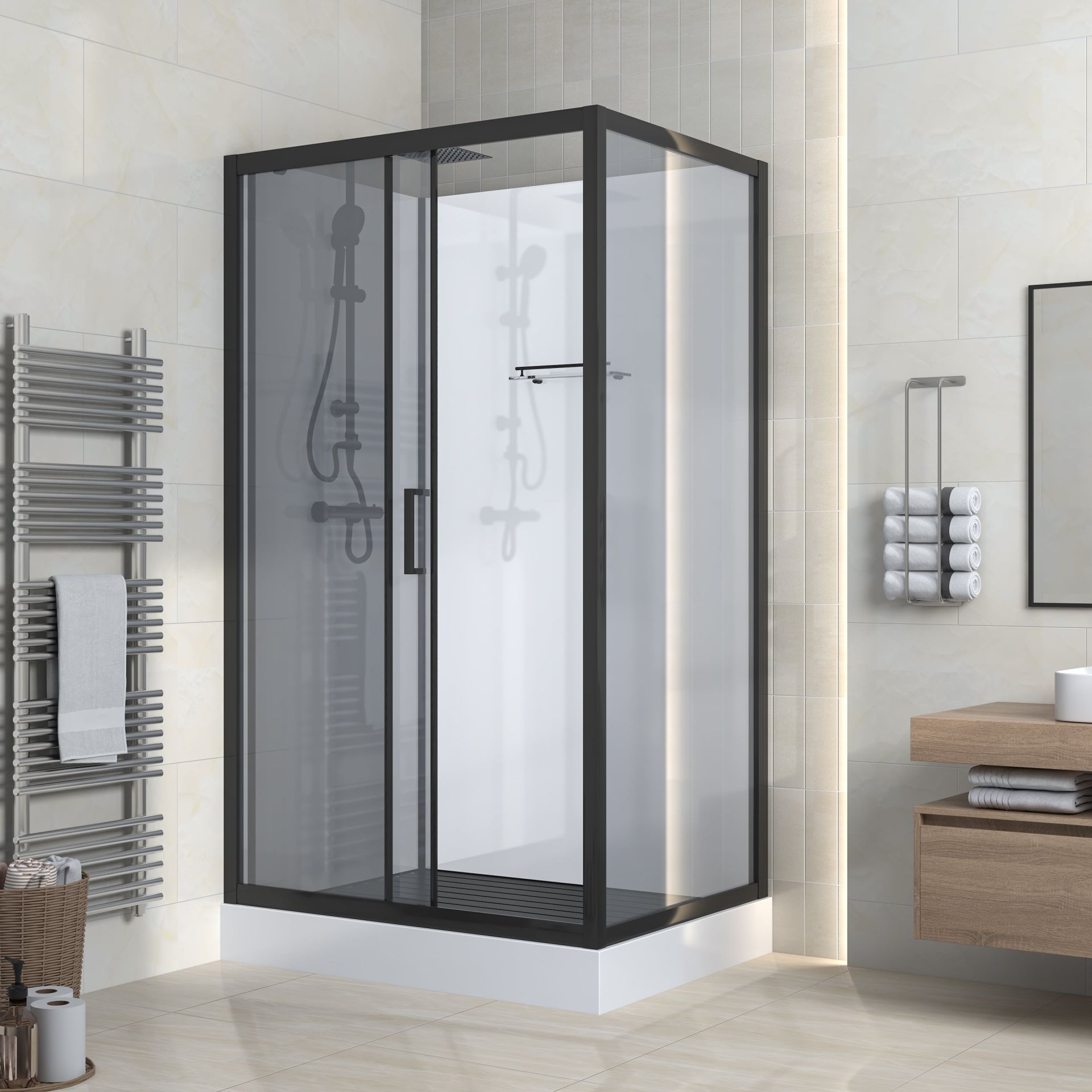 Cabine de douche complète Marani porte coulissante – 110 × 80 cm – Noir mat, verre fumé