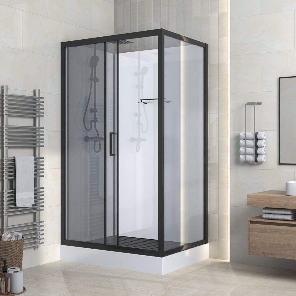 Cabine de douche complète Marani porte coulissante – 120 × 90 cm – Noir mat, verre fumé