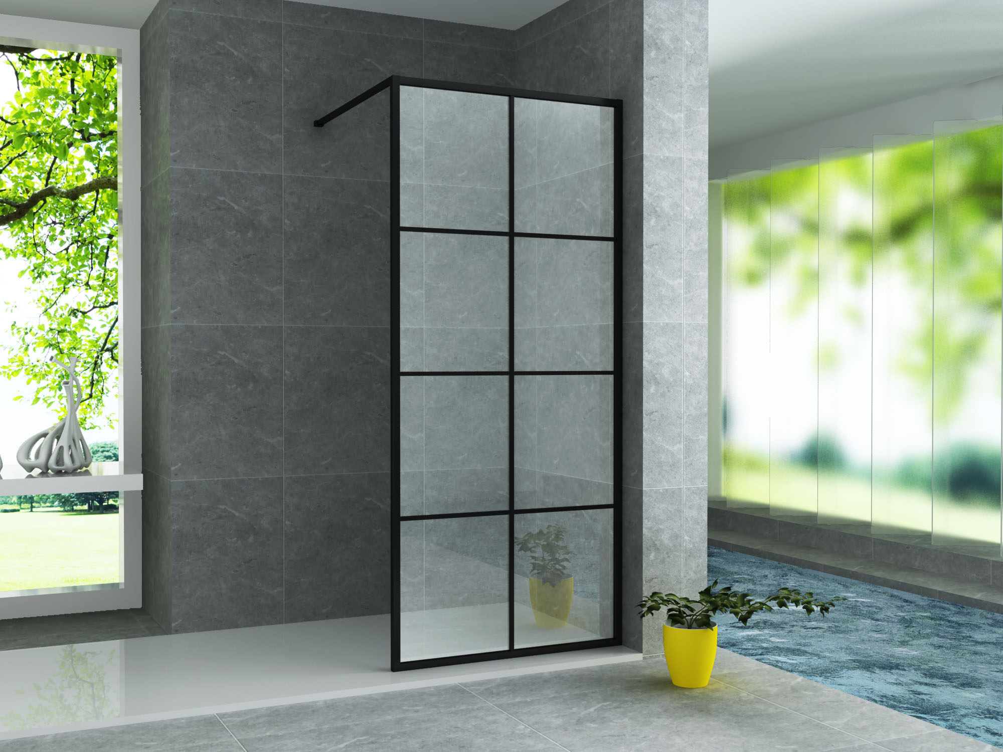 ALONI DOUCHE À L’ITALIENNE AVEC DÉCOR GRILLE - 1400X2000MM - NOIR MAT-VERRE CLAIR