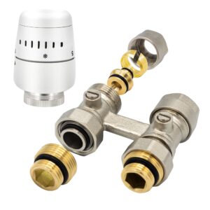 Belrad H-bloc – kit de raccordement de radiateur complet – avec tête thermostatique – droit – raccordement au sol – M30 – 1/2" M × 16/2 – nickel/blanc