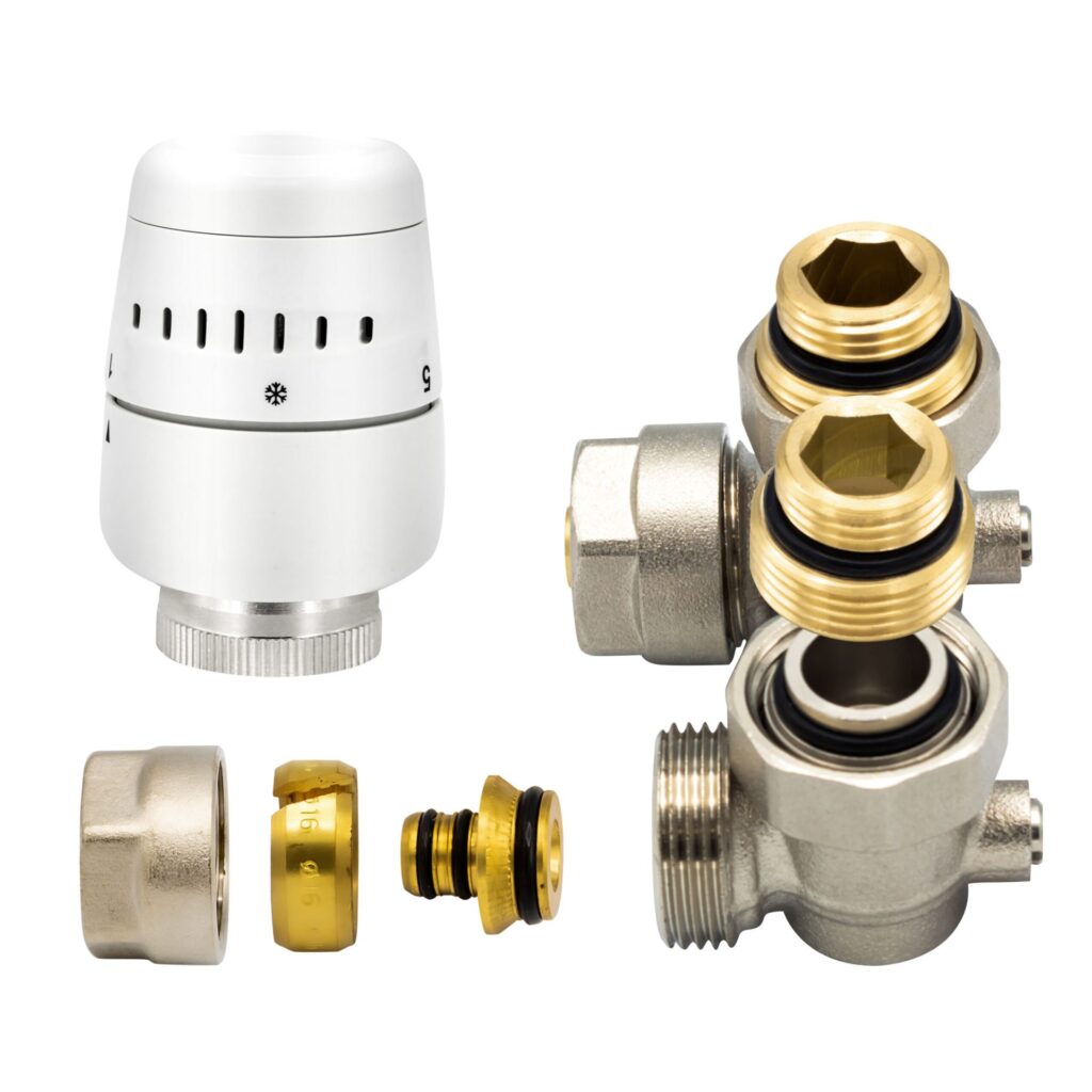 Belrad H-bloc – kit de raccordement de radiateur complet – avec tête thermostatique – équerre – raccordement mural – M30 – 1/2" M × 16/2 – nickel/blanc