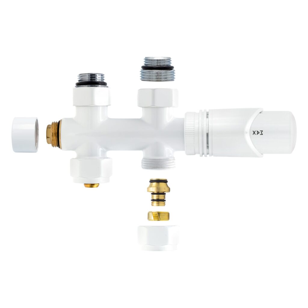 Belrad vanne de radiateur – design – thermostatique – raccordement central – droit – raccordement au sol – blanc brillant