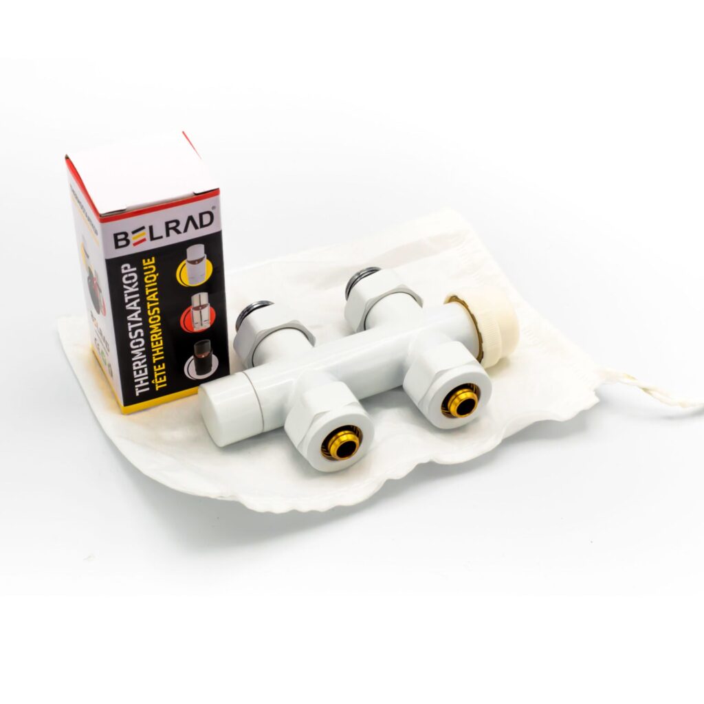 Belrad vanne de radiateur – design – thermostatique – raccordement central – droit – raccordement au sol – blanc brillant