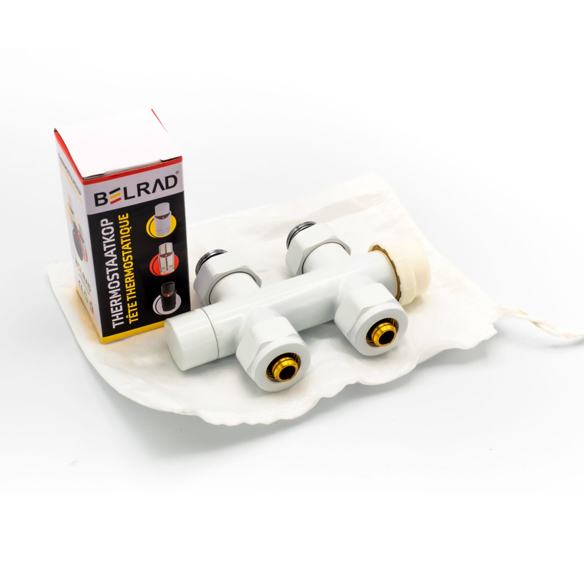 Belrad vanne de radiateur – design – thermostatique – raccordement central – droit – raccordement au sol – blanc brillant