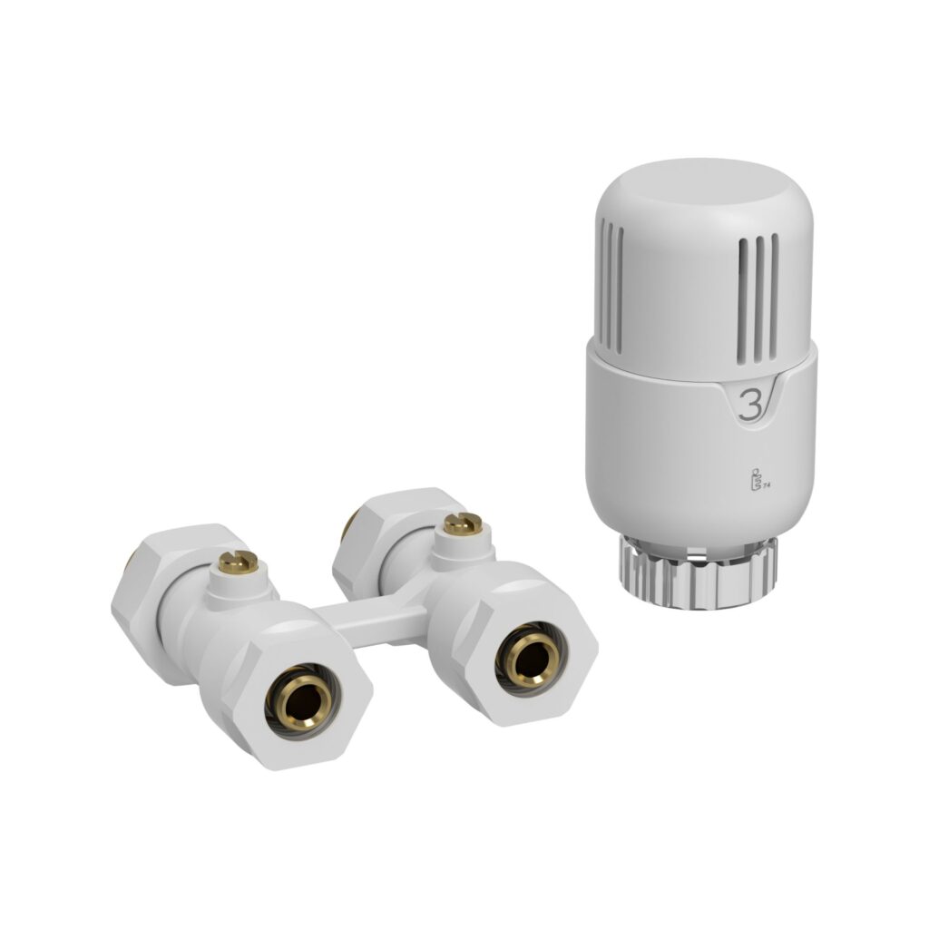 Belrad H-bloc – kit de raccordement de radiateur complet – avec tête thermostatique – droit – raccordement au sol – M30 – 1/2" M × 16/2 – blanc brillant