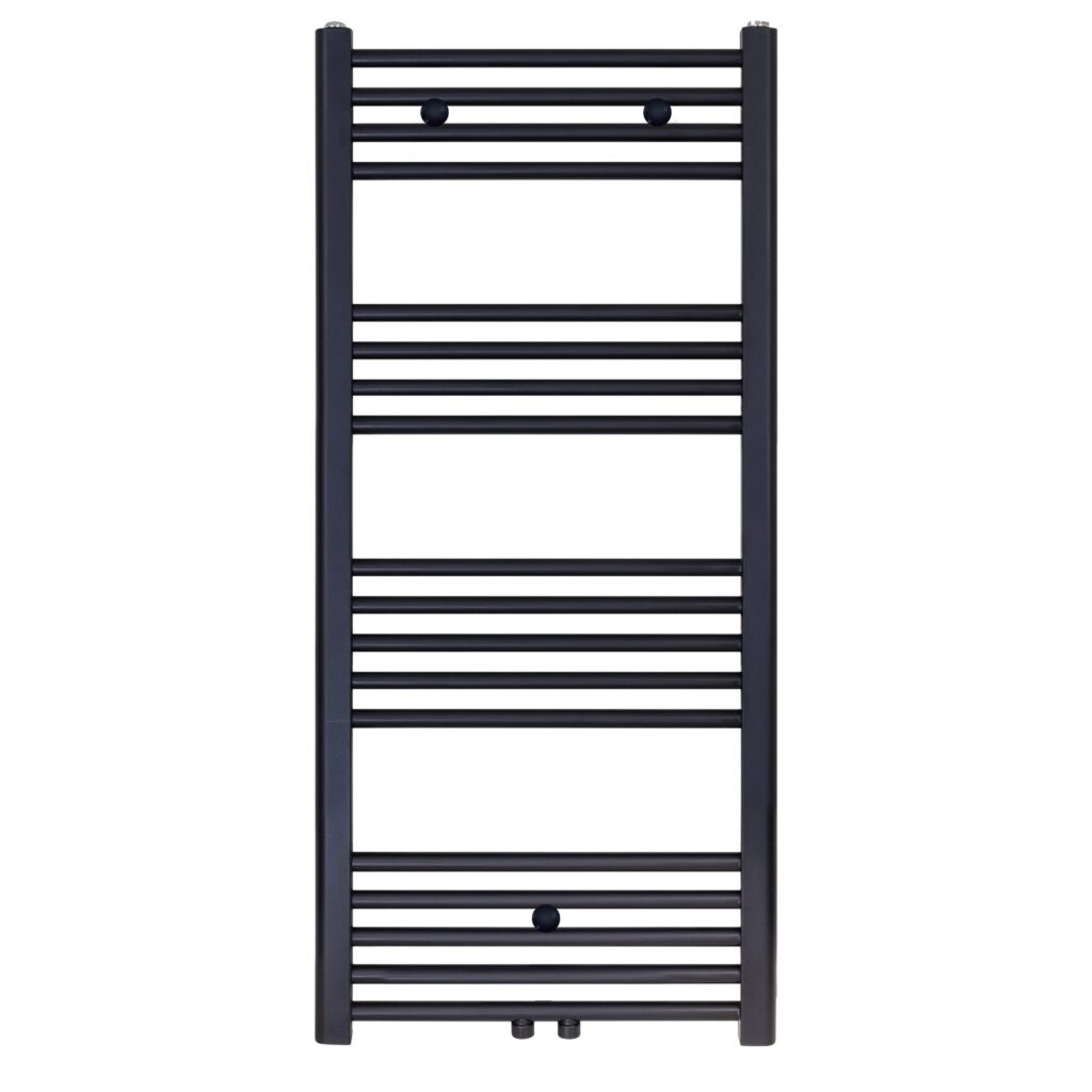 Sèche-serviettes Belrad – noir mat – 1200 × 500 mm – 537 W – raccordement latéral ou central