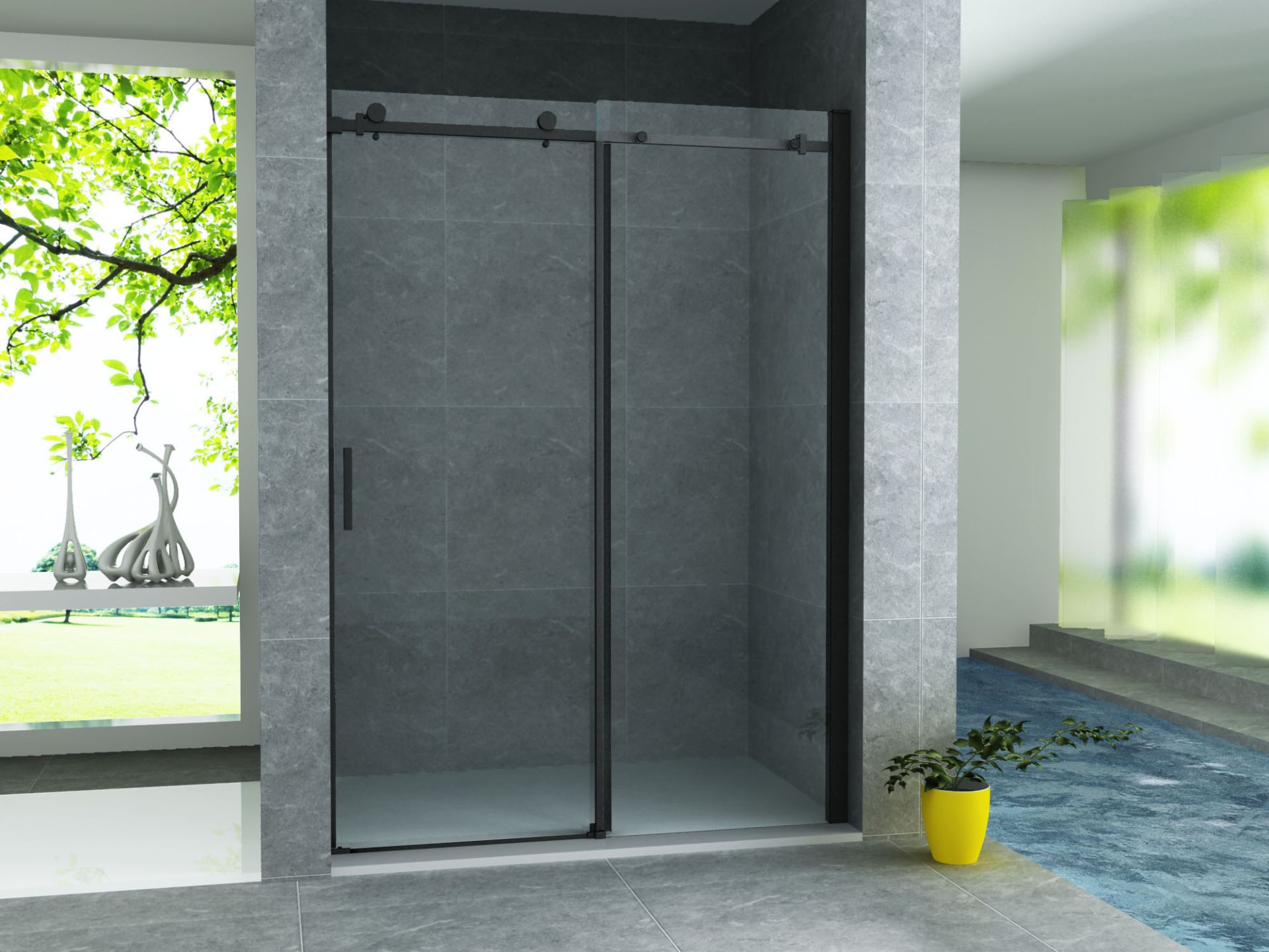 Porte de douche coulissante pour niche Aloni – 120 × 200 cm – Noir mat, verre transparent