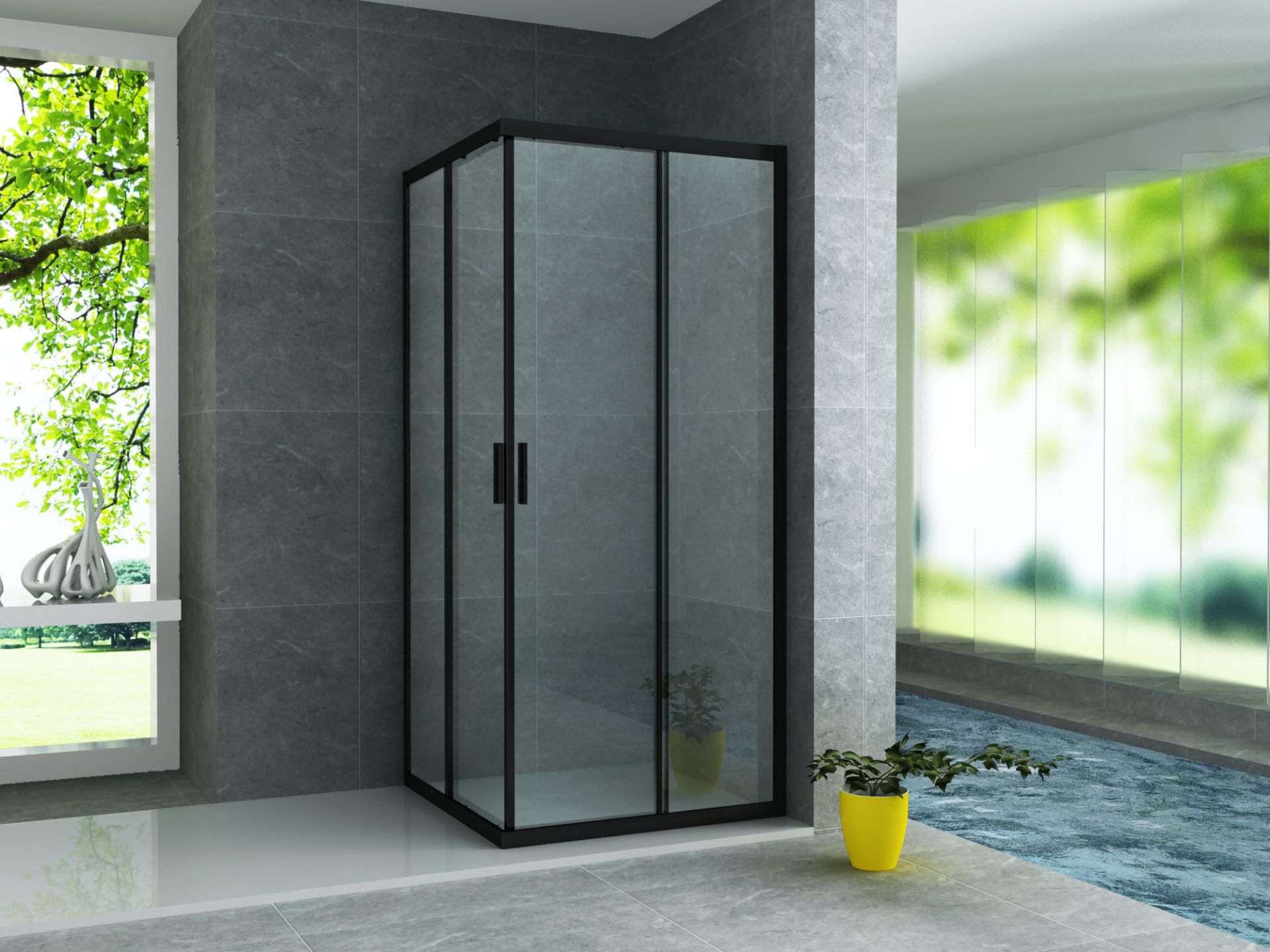 Cabine de douche d'angle 2 portes coulissantes Aloni – 90 × 90 cm – Noir, verre transparent