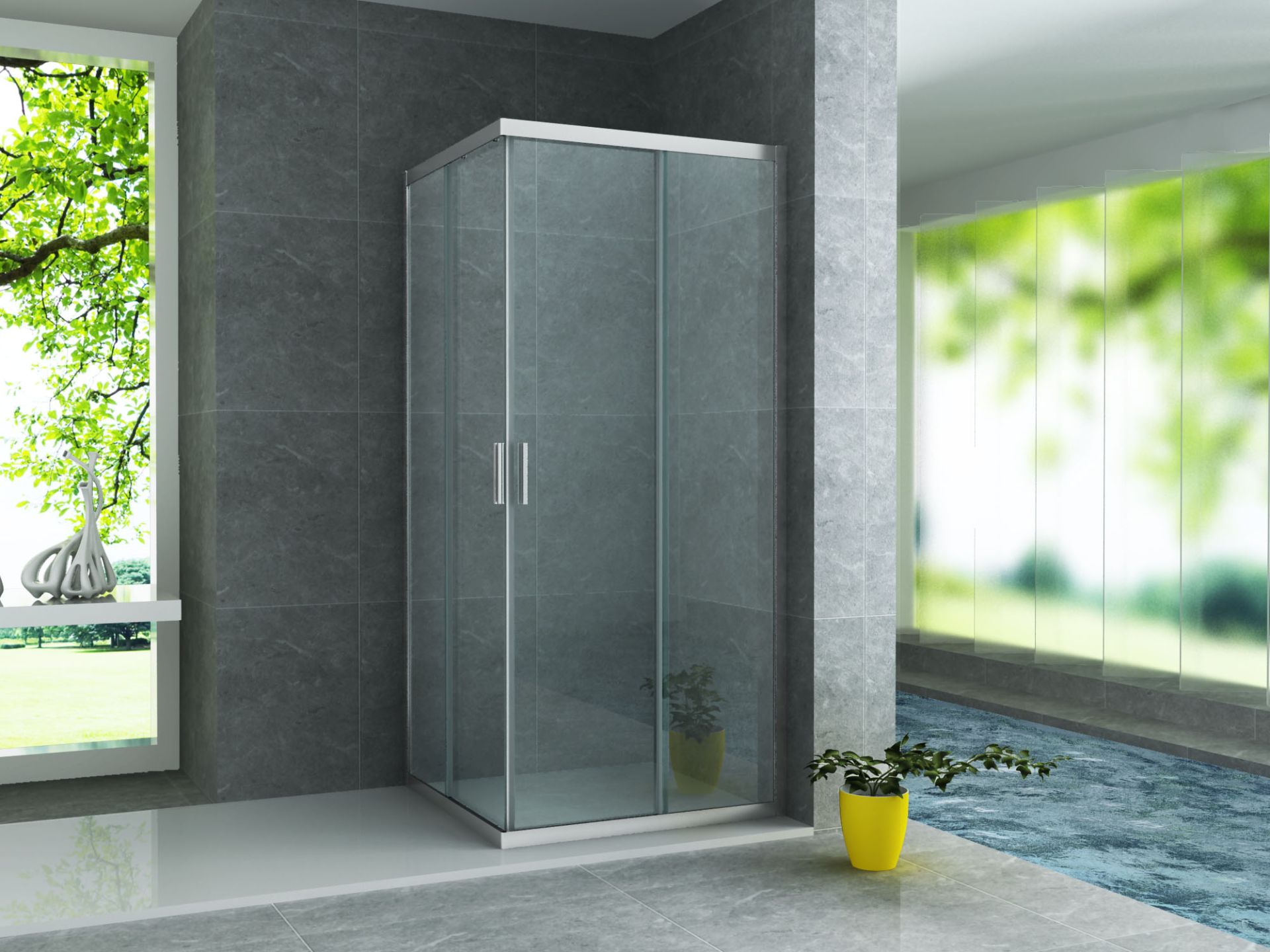 Cabine de douche d'angle 2 portes coulissantes Aloni – 90 × 90 cm – Chrome, verre transparent – H 195 cm, verre 6 mm