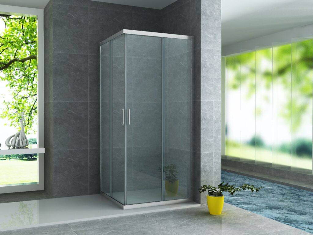Cabine de douche d'angle 2 portes coulissantes Aloni – 80 × 80 cm – Chrome, verre transparent – H 195 cm, verre 6 mm