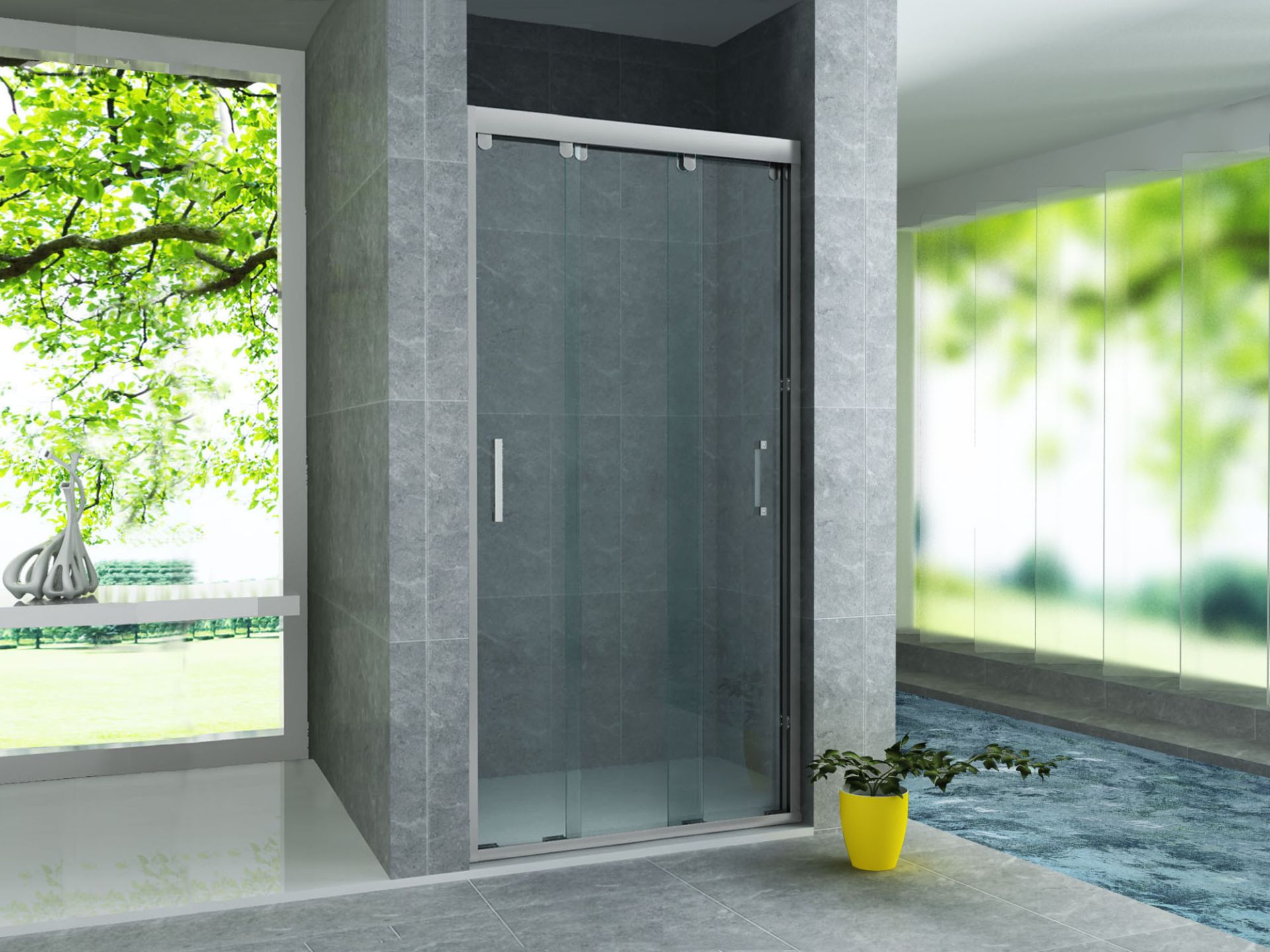 Porte de douche coulissante 3 parties pour niche Aloni – 140 × 200 cm – Chrome, verre transparent