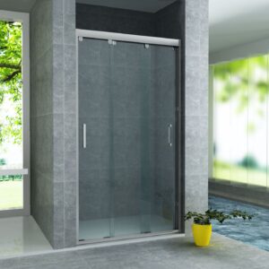 Porte de douche coulissante 3 parties pour niche Aloni – 90 × 200 cm – Chrome, verre transparent