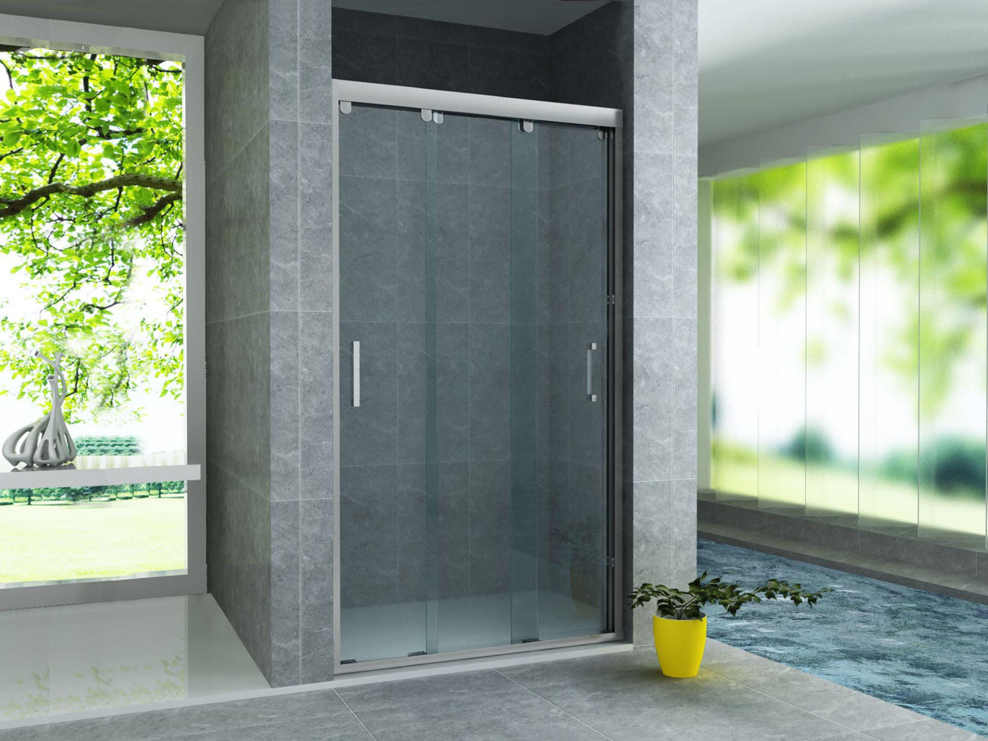 Porte de douche coulissante 3 parties pour niche Aloni – 90 × 200 cm – Chrome, verre transparent