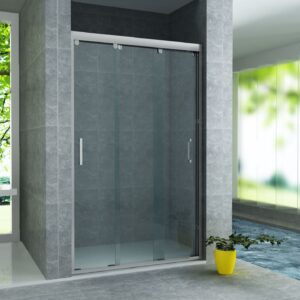 Porte de douche coulissante 3 parties pour niche Aloni – 100 × 200 cm – Chrome, verre transparent