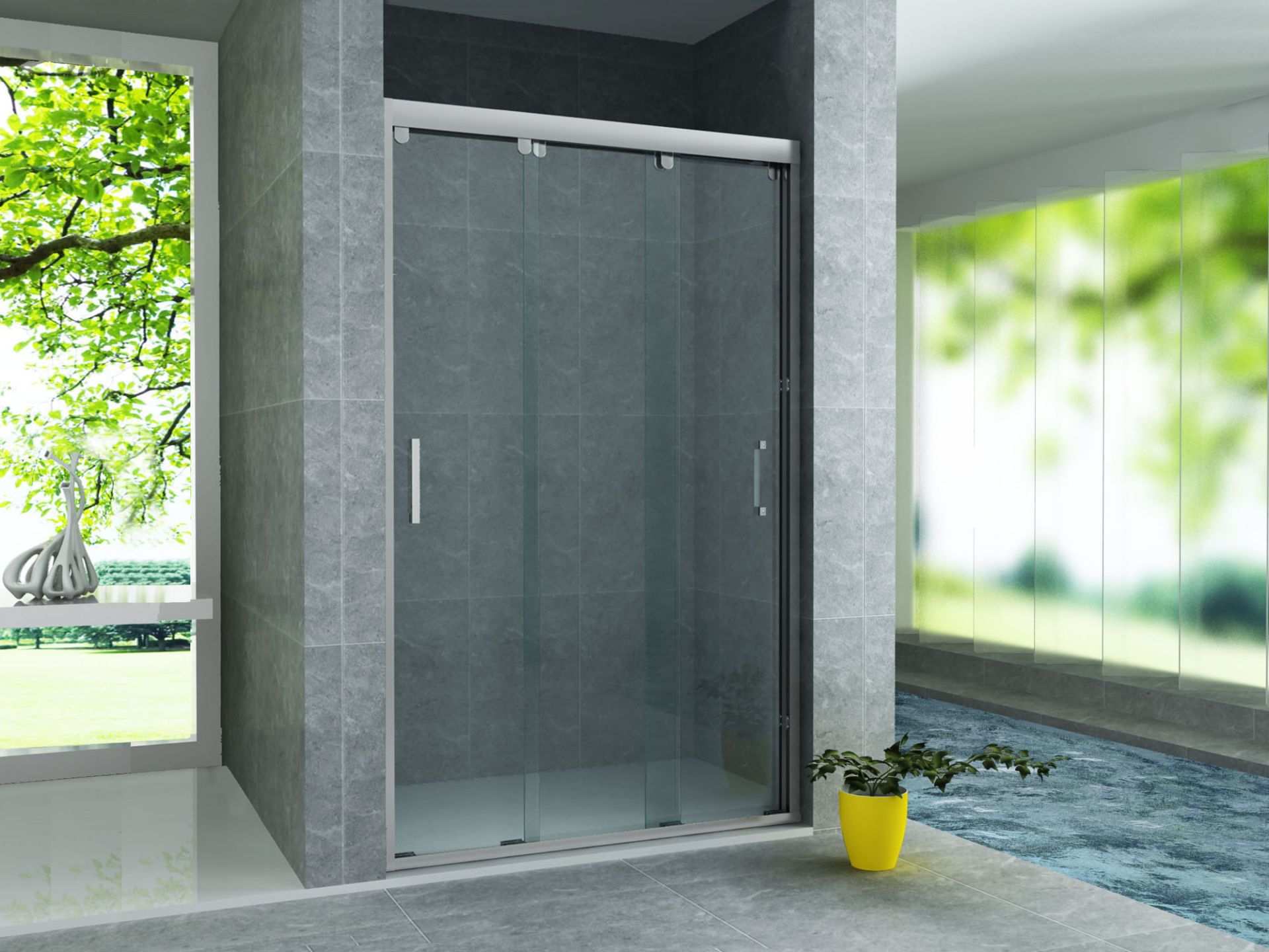 Porte de douche coulissante 3 parties pour niche Aloni – 100 × 200 cm – Chrome, verre transparent
