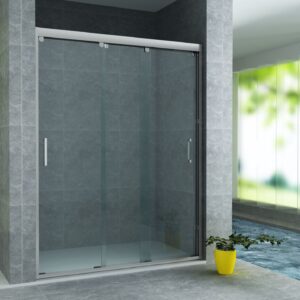 Porte de douche coulissante 3 parties pour niche Aloni – 140 × 200 cm – Chrome, verre transparent