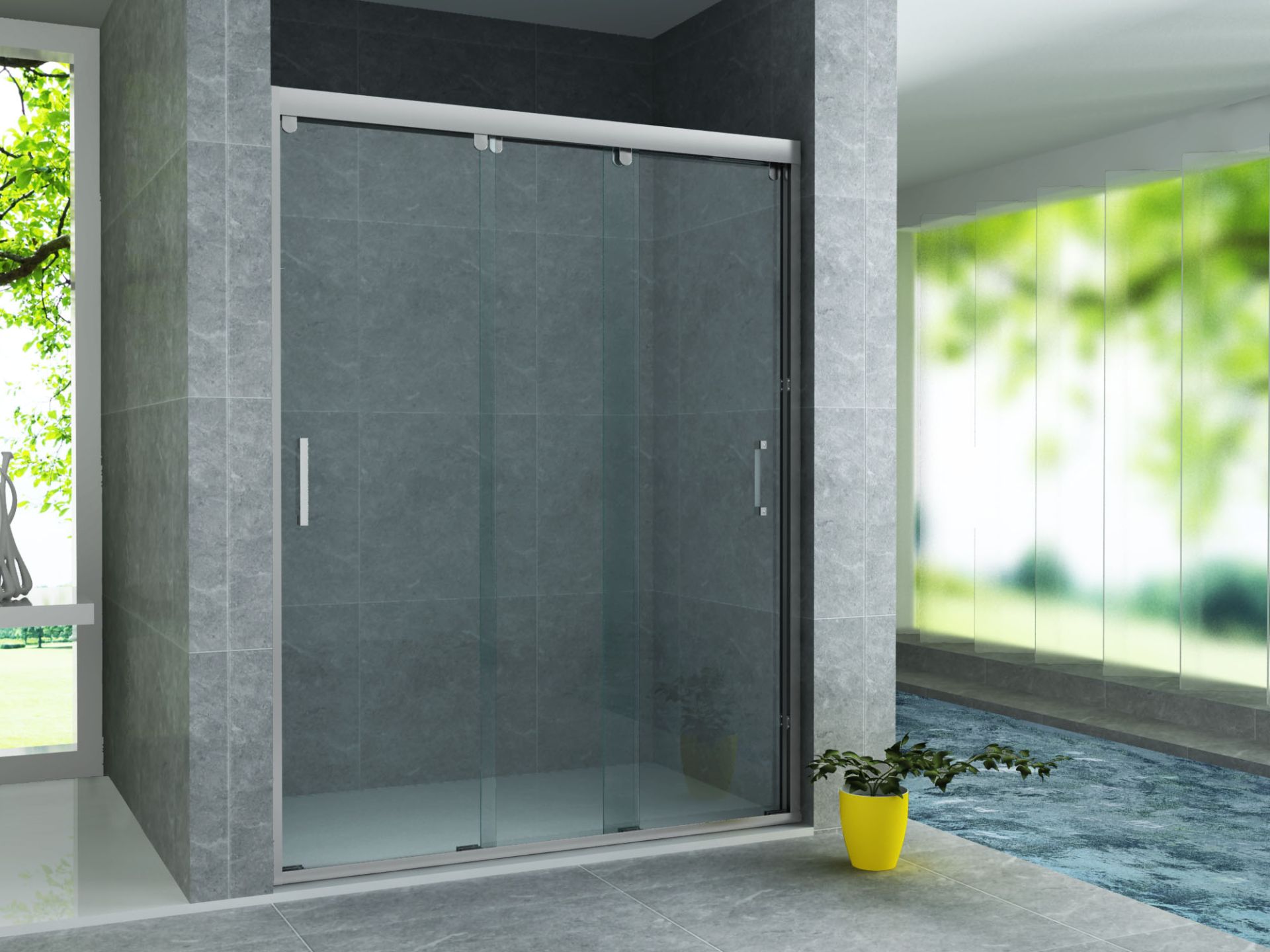 Porte de douche coulissante 3 parties pour niche Aloni – 120 × 200 cm – Chrome, verre transparent