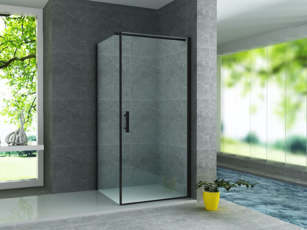 Cabine de douche porte pivotante + paroi latérale Aloni – 80 × 80 cm – Noir, verre transparent