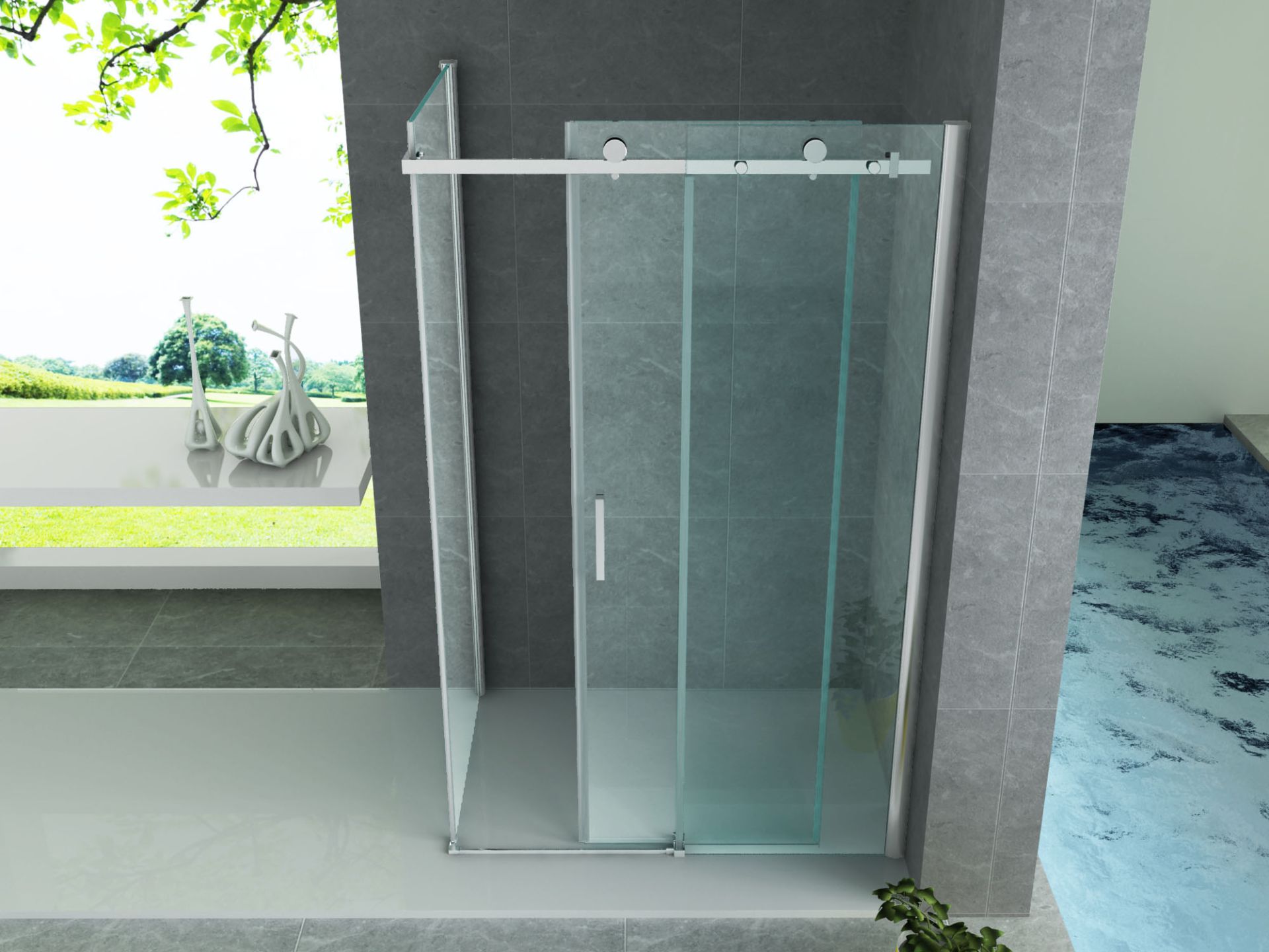 Cabine de douche porte coulissante + paroi latérale Aloni – 90 × 140 cm – Chrome, verre transparent