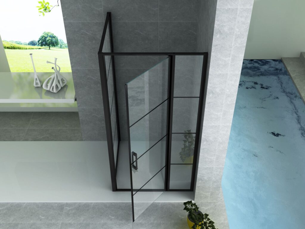 Cabine de douche porte pivotante + paroi latérale Aloni – 90 × 120 cm – Noir, verre transparent