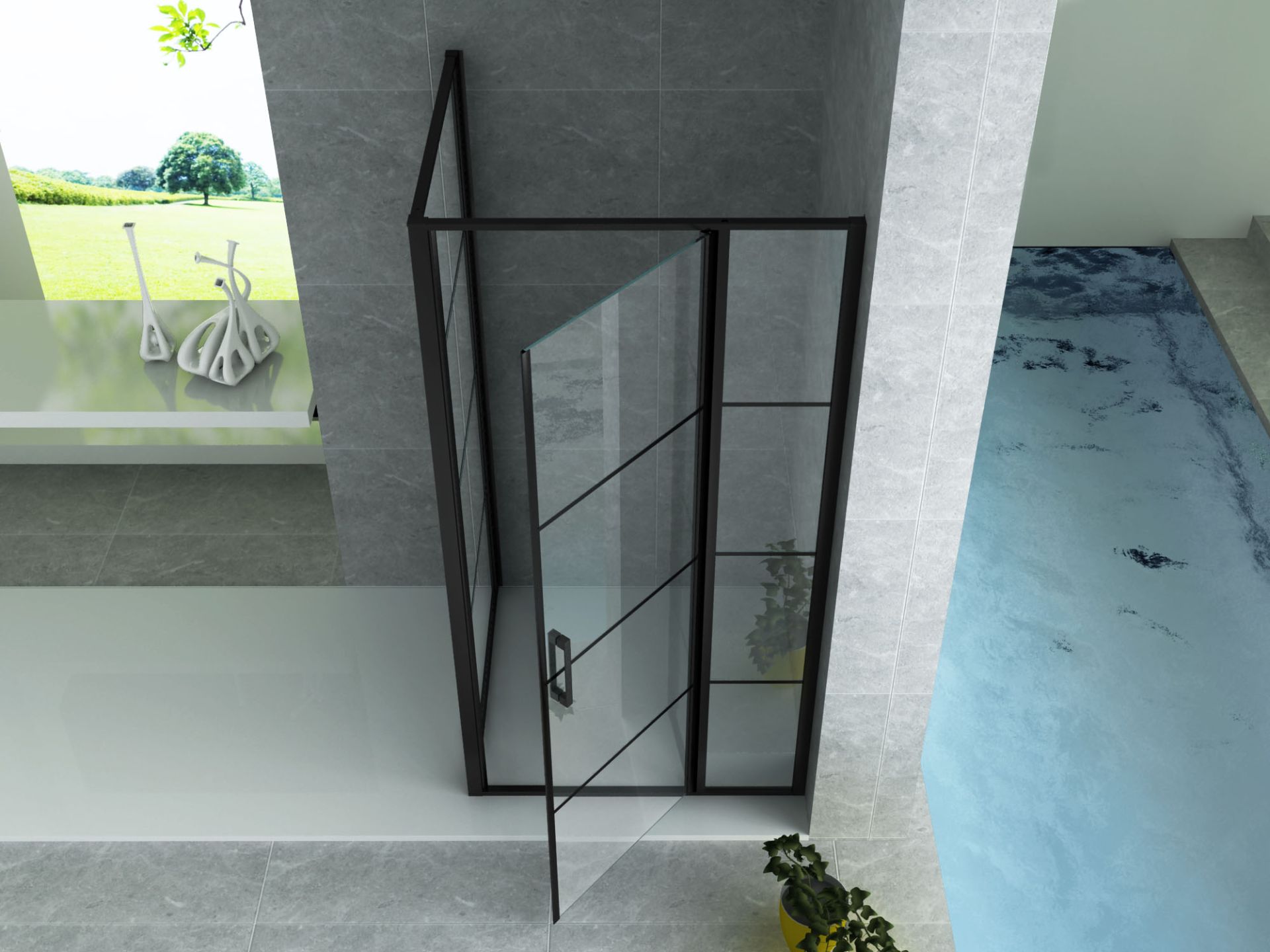 Cabine de douche porte pivotante + paroi latérale Aloni – 90 × 120 cm – Noir, verre transparent