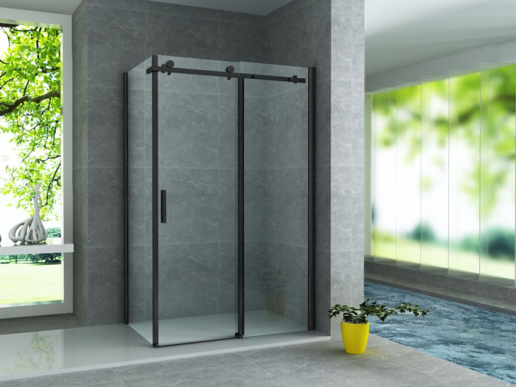 Cabine de douche porte coulissante + paroi latérale Aloni – 90 × 140 cm – Noir, verre transparent