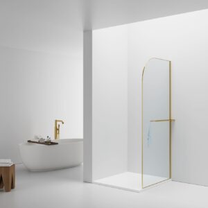 CURVY DOUCHE À L'ITALIENNE AVEC PORTE-SERVIETTE - COURBÉE - TRAITEMENT ANTI-CALCAIRE - RÉVERSIBLE - VERRE DE SÉCURITÉ 8MM - 100X200CM - OR BROSSÉ - VERRE CLAIR