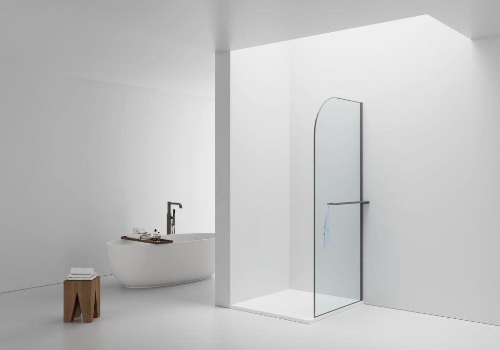 CURVY DOUCHE À L'ITALIENNE AVEC PORTE-SERVIETTE - COURBÉE - TRAITEMENT ANTI-CALCAIRE - RÉVERSIBLE - VERRE DE SÉCURITÉ 8MM - 100X200CM - GUNMETAL - VERRE CLAIR
