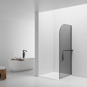 CURVY DOUCHE À L'ITALIENNE AVEC PORTE-SERVIETTE - COURBÉE - TRAITEMENT ANTI-CALCAIRE - RÉVERSIBLE - VERRE DE SÉCURITÉ 8MM - 100X200CM - NOIR MAT - VERRE GRIS FUMÉ