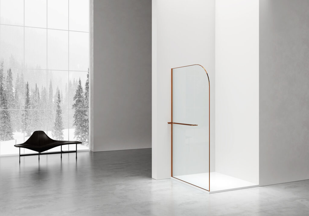CURVY DOUCHE À L'ITALIENNE AVEC PORTE-SERVIETTE - COURBÉE - TRAITEMENT ANTI-CALCAIRE - RÉVERSIBLE - VERRE DE SÉCURITÉ 8MM - 120X200CM - CUIVRE BROSSÉ - VERRE CLAIR