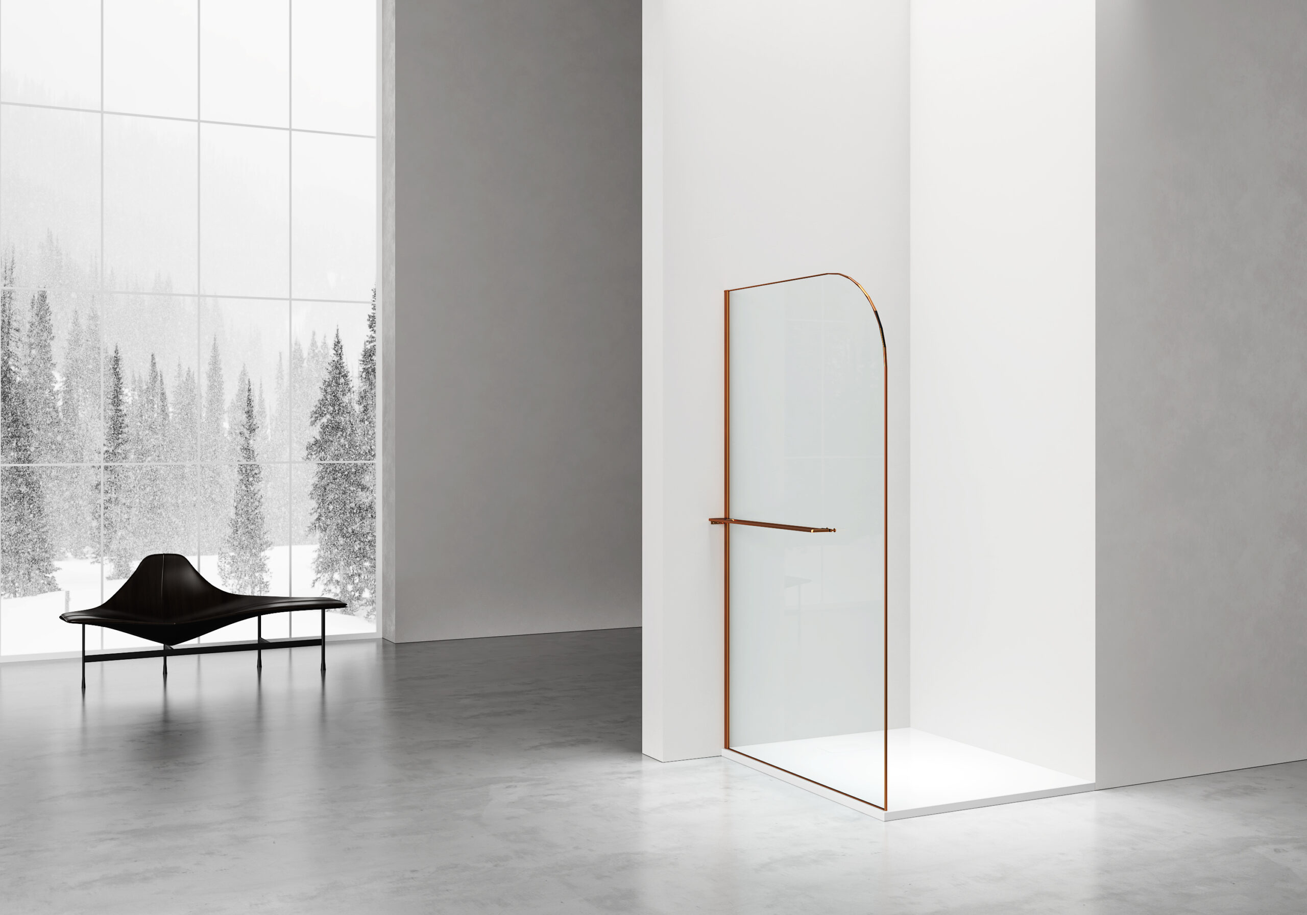 CURVY DOUCHE À L'ITALIENNE AVEC PORTE-SERVIETTE - COURBÉE - TRAITEMENT ANTI-CALCAIRE - RÉVERSIBLE - VERRE DE SÉCURITÉ 8MM - 120X200CM - CUIVRE BROSSÉ - VERRE CLAIR