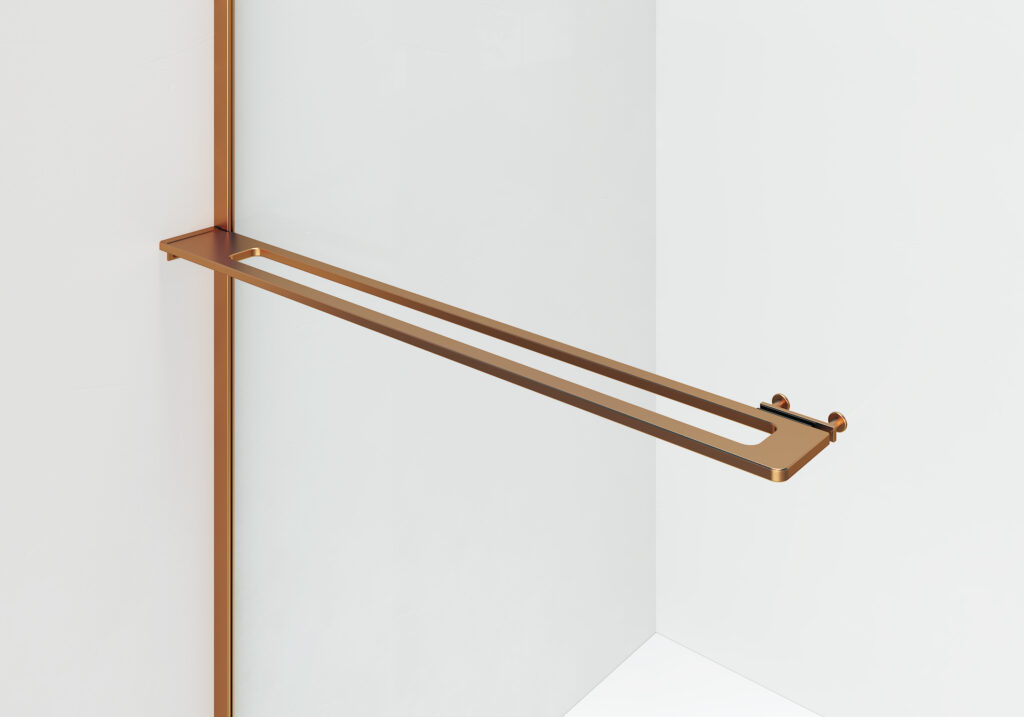 CURVY DOUCHE À L'ITALIENNE AVEC PORTE-SERVIETTE - COURBÉE - TRAITEMENT ANTI-CALCAIRE - RÉVERSIBLE - VERRE DE SÉCURITÉ 8MM - 120X200CM - CUIVRE BROSSÉ - VERRE CLAIR