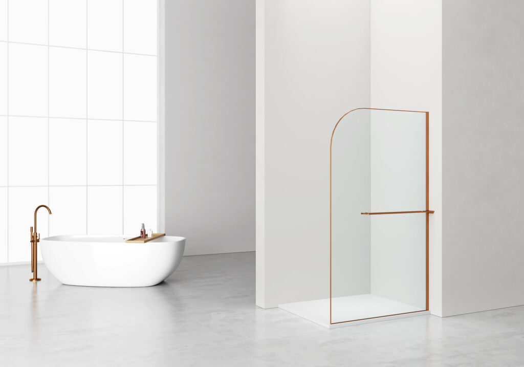 CURVY DOUCHE À L'ITALIENNE AVEC PORTE-SERVIETTE - COURBÉE - TRAITEMENT ANTI-CALCAIRE - RÉVERSIBLE - VERRE DE SÉCURITÉ 8MM - 120X200CM - CUIVRE BROSSÉ - VERRE CLAIR
