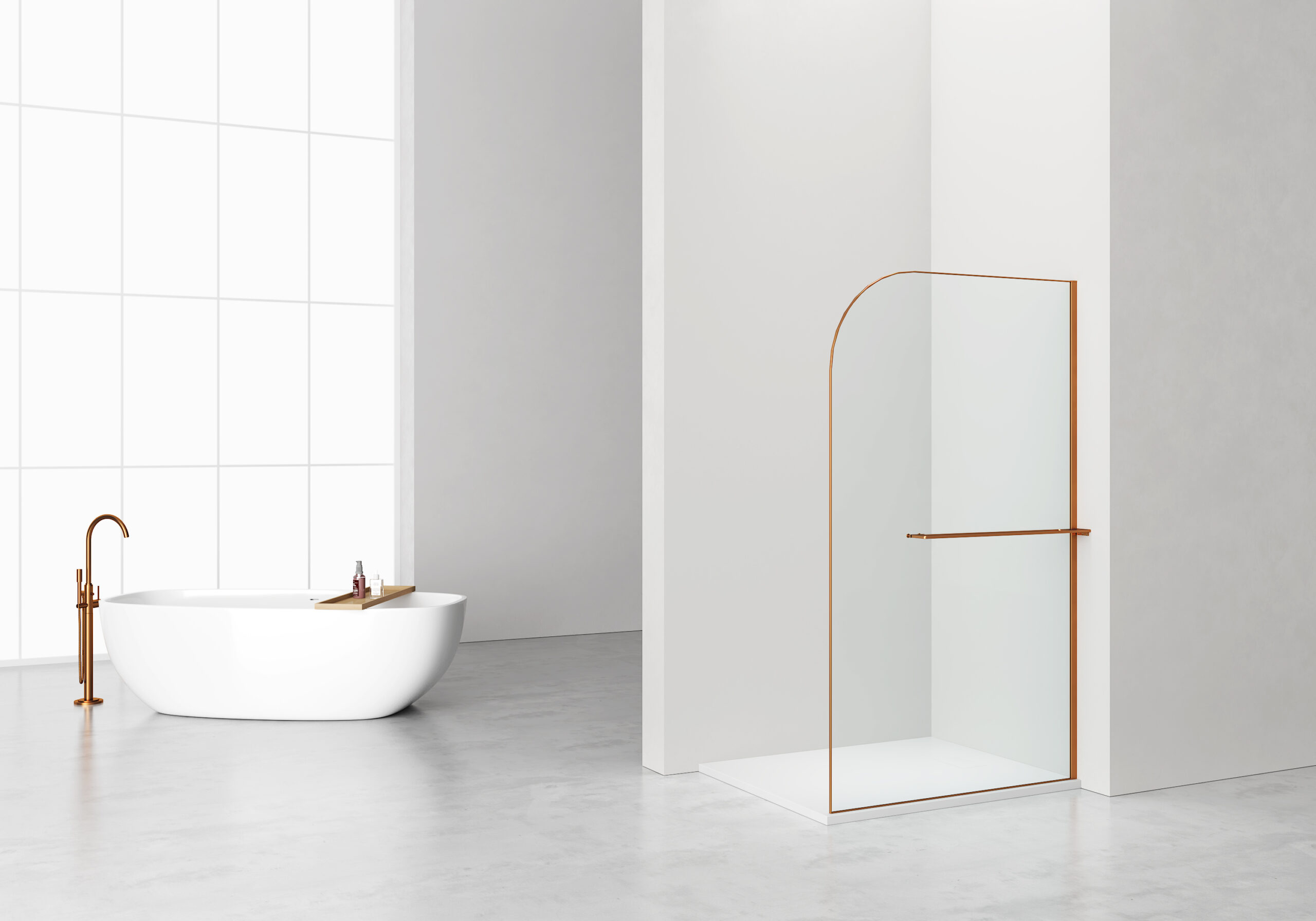 CURVY DOUCHE À L'ITALIENNE AVEC PORTE-SERVIETTE - COURBÉE - TRAITEMENT ANTI-CALCAIRE - RÉVERSIBLE - VERRE DE SÉCURITÉ 8MM - 120X200CM - CUIVRE BROSSÉ - VERRE CLAIR