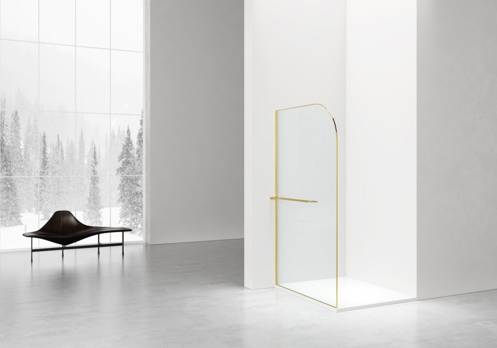 CURVY DOUCHE À L'ITALIENNE AVEC PORTE-SERVIETTE - COURBÉE - TRAITEMENT ANTI-CALCAIRE - RÉVERSIBLE - VERRE DE SÉCURITÉ 8MM - 120X200CM - OR BROSSÉ - VERRE CLAIR