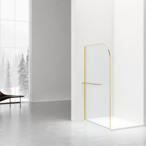 CURVY DOUCHE À L'ITALIENNE AVEC PORTE-SERVIETTE - COURBÉE - TRAITEMENT ANTI-CALCAIRE - RÉVERSIBLE - VERRE DE SÉCURITÉ 8MM - 120X200CM - OR BROSSÉ - VERRE CLAIR