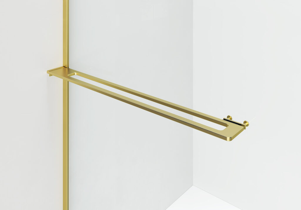 CURVY DOUCHE À L'ITALIENNE AVEC PORTE-SERVIETTE - COURBÉE - TRAITEMENT ANTI-CALCAIRE - RÉVERSIBLE - VERRE DE SÉCURITÉ 8MM - 120X200CM - OR BROSSÉ - VERRE CLAIR