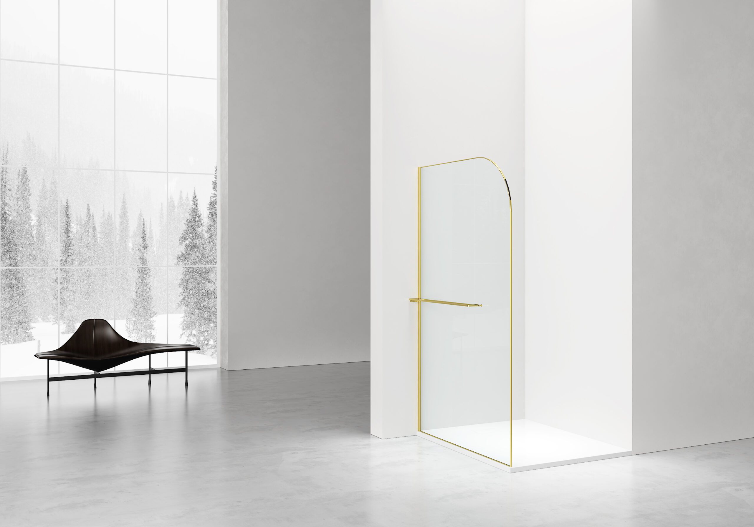 CURVY DOUCHE À L'ITALIENNE AVEC PORTE-SERVIETTE - COURBÉE - TRAITEMENT ANTI-CALCAIRE - RÉVERSIBLE - VERRE DE SÉCURITÉ 8MM - 120X200CM - OR BROSSÉ - VERRE CLAIR