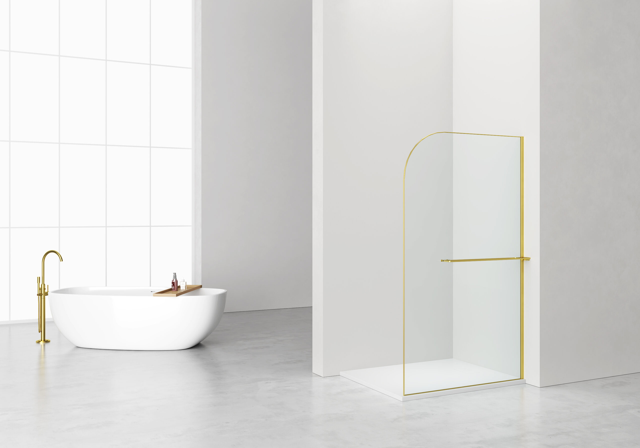 CURVY DOUCHE À L'ITALIENNE AVEC PORTE-SERVIETTE - COURBÉE - TRAITEMENT ANTI-CALCAIRE - RÉVERSIBLE - VERRE DE SÉCURITÉ 8MM - 120X200CM - OR BROSSÉ - VERRE CLAIR