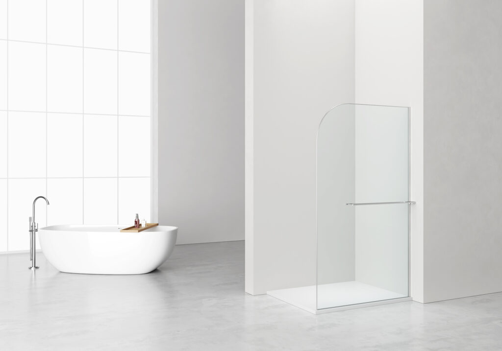 CURVY DOUCHE À L'ITALIENNE AVEC PORTE-SERVIETTE - COURBÉE - TRAITEMENT ANTI-CALCAIRE - RÉVERSIBLE - VERRE DE SÉCURITÉ 8MM - 120X200CM - CHROME - VERRE CLAIR