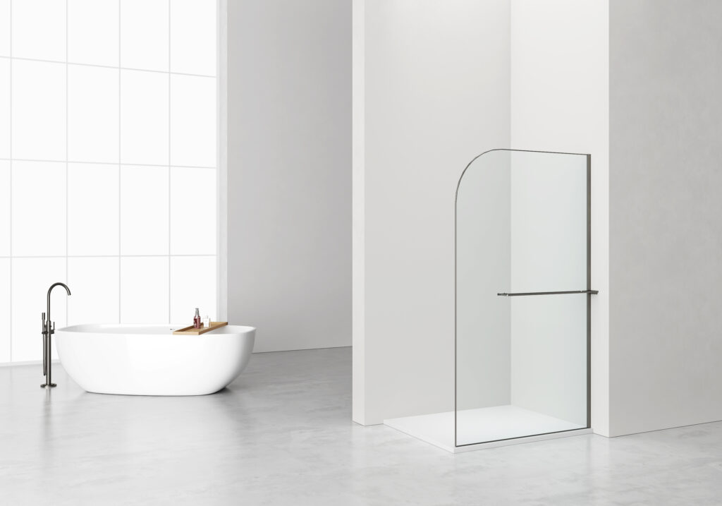CURVY DOUCHE À L'ITALIENNE AVEC PORTE-SERVIETTE - COURBÉE - TRAITEMENT ANTI-CALCAIRE - RÉVERSIBLE - VERRE DE SÉCURITÉ 8MM - 120X200CM - GUNMETAL - VERRE CLAIR