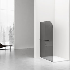 CURVY DOUCHE À L'ITALIENNE AVEC PORTE-SERVIETTE - COURBÉE - TRAITEMENT ANTI-CALCAIRE - RÉVERSIBLE - VERRE DE SÉCURITÉ 8MM - 120X200CM - NOIR MAT - VERRE GRIS FUMÉ