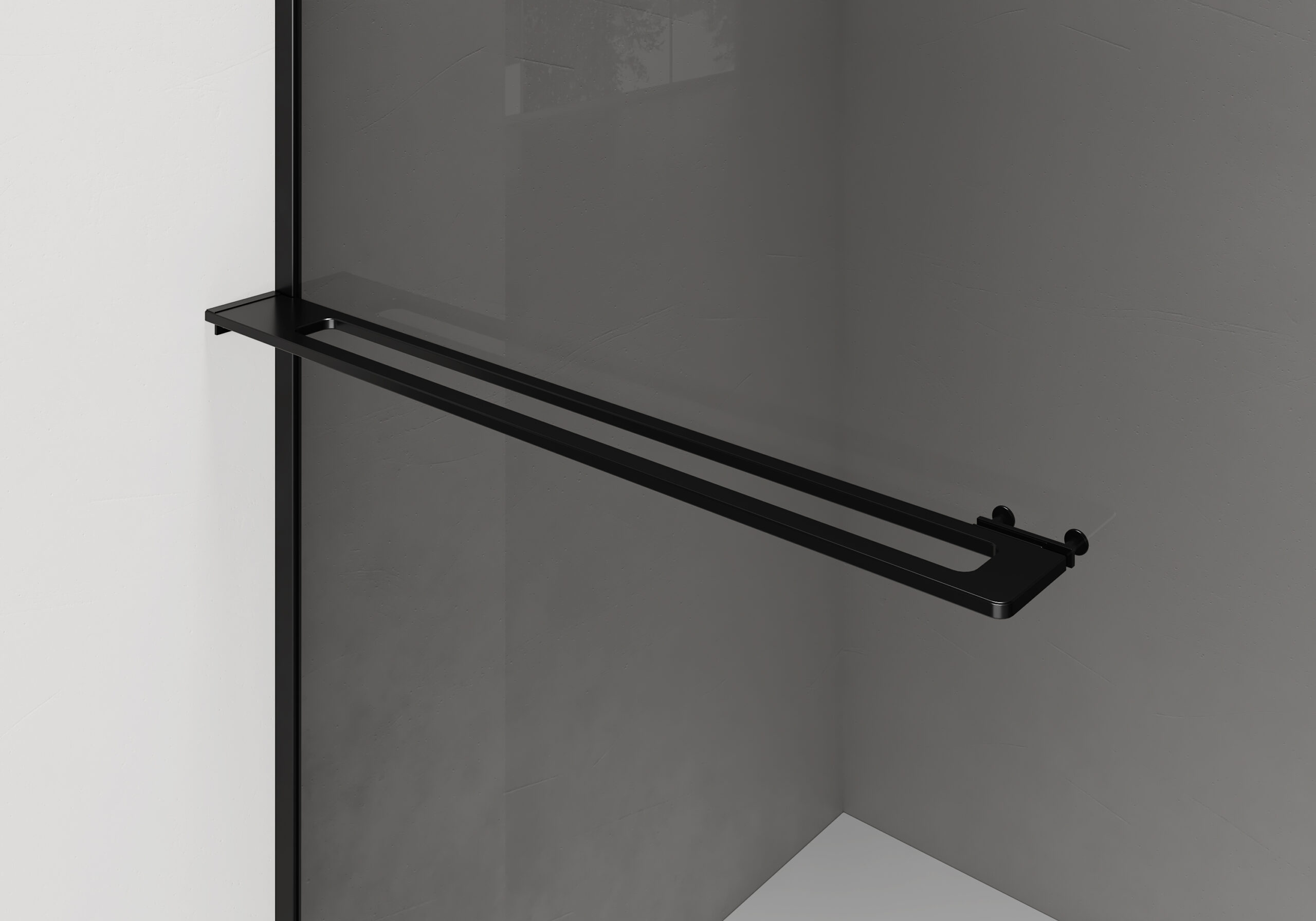 CURVY DOUCHE À L'ITALIENNE AVEC PORTE-SERVIETTE - COURBÉE - TRAITEMENT ANTI-CALCAIRE - RÉVERSIBLE - VERRE DE SÉCURITÉ 8MM - 120X200CM - NOIR MAT - VERRE GRIS FUMÉ