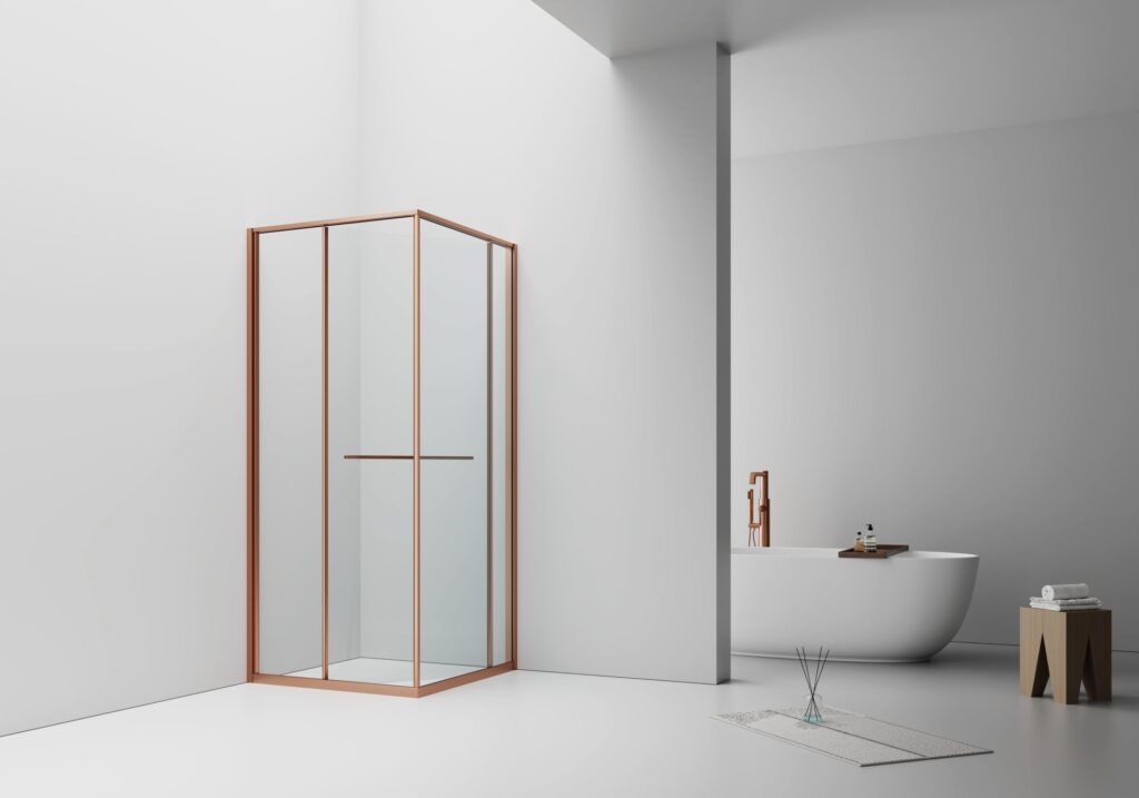 Cabine de douche Inslide porte coulissante intérieure Aloni – 90 × 90 cm – Cuivre brossé, verre transparent